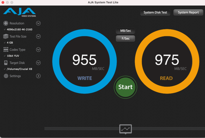 2019年、採Intel Core i9 8核处理器的MacBook Pro作跑分实测美光科技的「Crucial X8 SSD行动硬碟」，4GB檔案大小的测试来说，用AJA System Test写入就落在955MB/s、读取则为975MB/s左右。（翻摄软件画面）