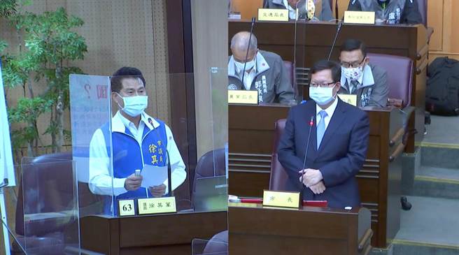 桃园市议会25日举行市政总质询，市议员徐其万关心航空城搬迁户重建问题。（陈梦茹翻摄）