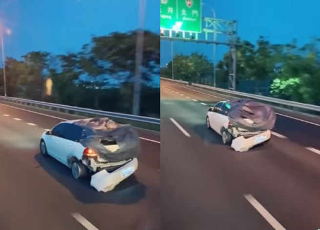 国道1号惊见事故车狂奔，该事故车左后轮只剩轮框，没了胎皮。（翻摄自脸书爆废公社）