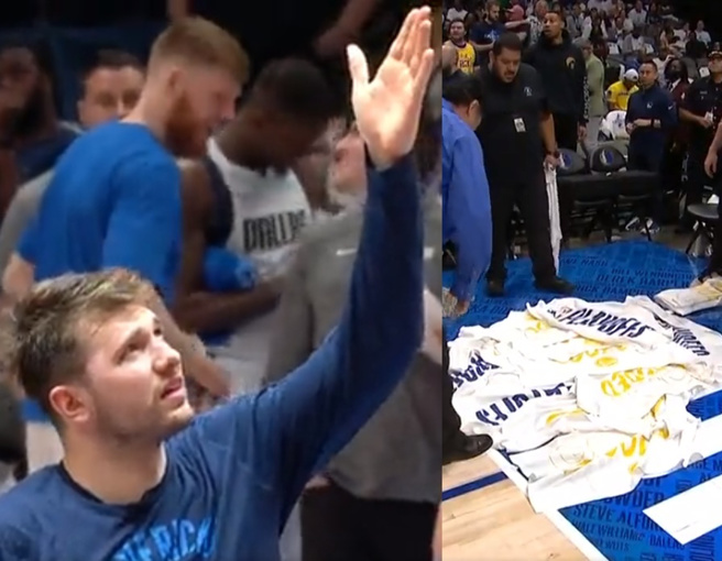 NBA达拉斯主场馆竟再次发生漏雨事故，让独行侠老大东契奇(左)无语问苍天。（图／取自推特）