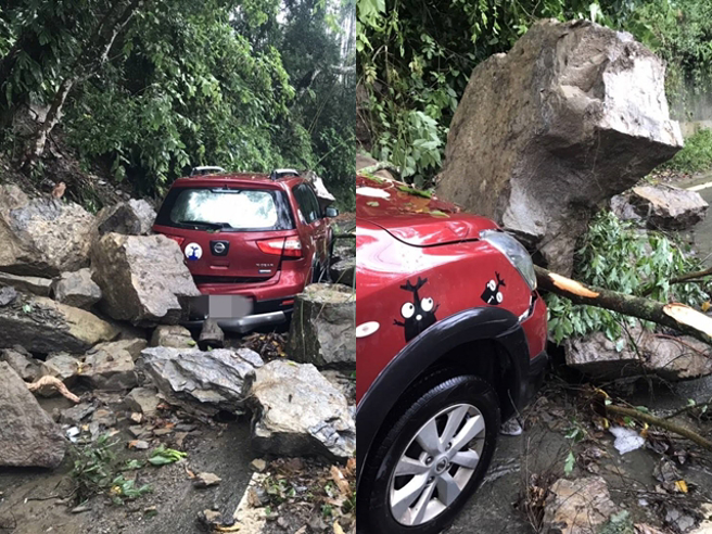 阿里山乡达邦公路明隧道出口今接连发生2起落石砸中轿车事件，数颗巨石瞬间从山壁落下，当场砸中轿车还挡住车道、一度阻断交通，甚至有巨石砸烂挡风玻璃。（竹崎分局提供）