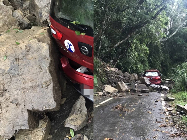 阿里山乡达邦公路明隧道出口今接连发生2起落石砸中轿车事件，数颗巨石瞬间从山壁落下，当场砸中轿车还挡住车道、一度阻断交通，甚至有巨石砸烂挡风玻璃。（竹崎分局提供）