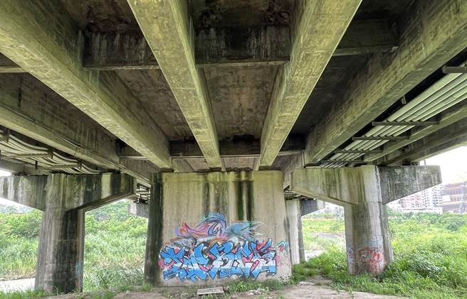 嘉义市军辉桥第一代桥墩（中）与第二代桥墩（两侧Y字形）现况老旧，有安全疑虑。（廖素慧摄）