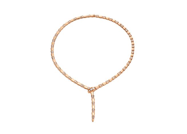 寶格麗SERPENTI VIPER系列玫瑰金鑲鑽項鍊，約141萬9000元。（BVLGARI提供）