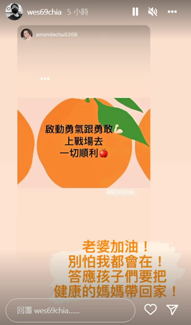 朱芯仪限动发文「上战场去」，老公卫斯理28字温馨喊话。(wes69chia IG)