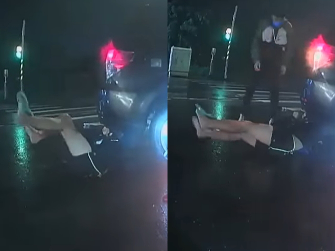 轿车在路口迴转时，遭直行机车从后方撞上，机车骑士当场摔进车底，双脚腾空并抽搐不停，之后全身开始诡异抖动，不少网友推断应是癫痫发作。（翻摄自记者爆料网）