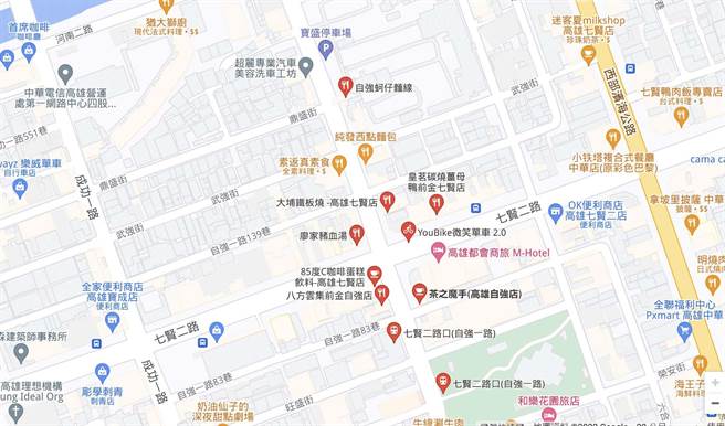 高雄前金区线路故障，581户停电。(摘自Google地图)