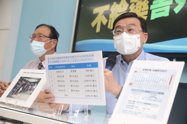 国民党立院党团28日举行「要钱给钱 不给药害死人！」记者会，总召曾铭宗（右）表示，民进党政府没把立法院通过的特别预算花在刀口上，不给药害死人。（杜宜谙摄）