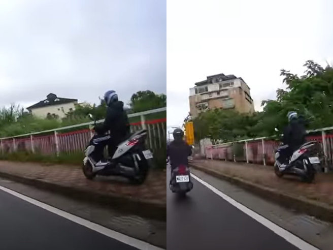 有網友發現1名騎士直接騎上路旁整條人行道上飆速，所幸人行道上完全沒人，該騎士最後還順著人行道植「紅燈右轉」。（翻攝自YouTube頻道「WoWtchout - 地圖型行車影像分享平台」）