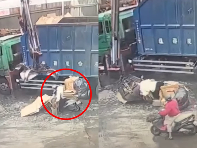 回收车驾驶疑似未注意到老翁，用巨钳抓起一旁纸箱时，竟也夹中老翁头部，老翁当场被夹起横移拖行一段距离，最后大叫并挥手才停止。（翻摄自脸书「爆废公社二馆」）