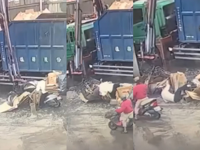 回收车驾驶疑似未注意到老翁，用巨钳抓起一旁纸箱时，竟也夹中老翁头部，老翁当场被夹起横移拖行一段距离，最后大叫并挥手才停止。（翻摄自脸书「爆废公社二馆」）