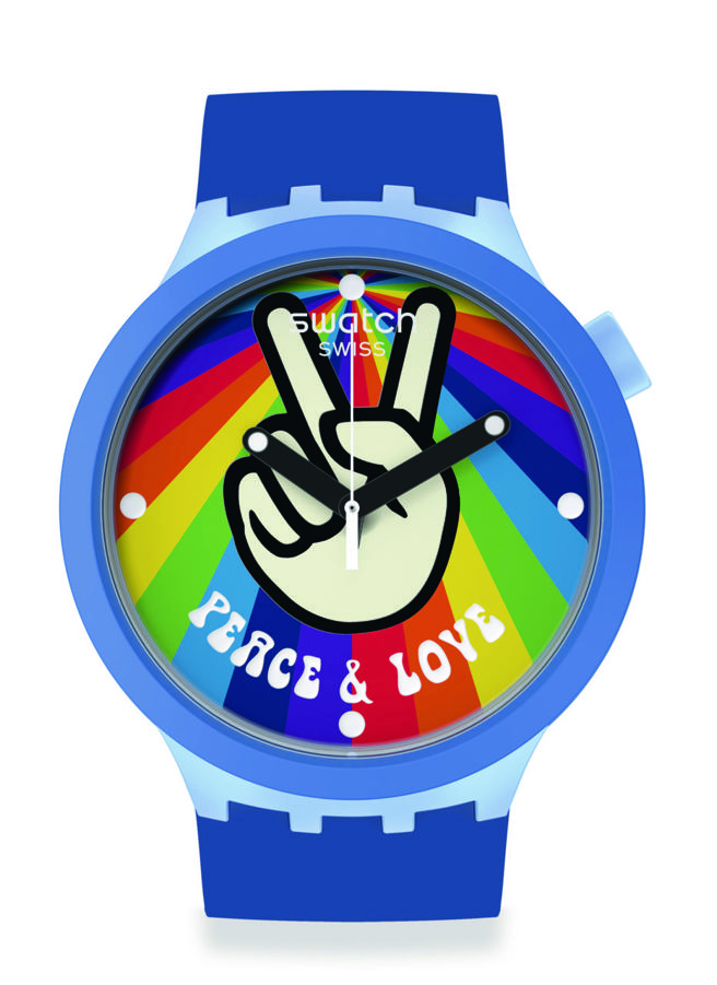 SWATCH「爱与和平」BIG BOLD BIOCERAMIC彩虹腕表，3950元。（SWATCH提供）