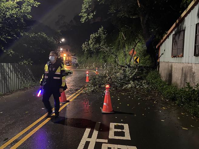 丰东派出所警员顏诚佑、戴嘉勋前往丰原区东阳路协助排除土石松动边坡路树倒塌。（警方提供）