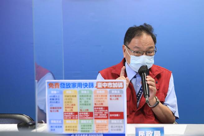 民政局長吳世瑋解釋，台中加碼「2至12歲」幼兒2劑快篩劑，要扣除幼托系統、教育系統在校發放，其餘才由民政系統造冊發送。（台中市政府提供／馮惠宜台中傳真）