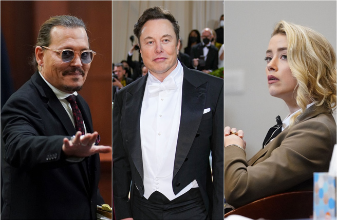 強尼戴普(左)與安柏赫德的世紀大戰進入尾聲，女方的世界首富前男友馬斯克(中)最終沒坐上證人席，但卻在推特發聲了。(達志提供)