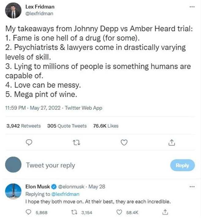 馬斯克也在貼文下留言。（圖/Twitter）