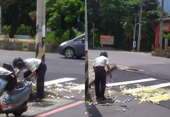 阿北不小心打翻鸡蛋，在路旁捡蛋的背影遭民眾拍下，网：「好心疼」。（图／翻摄自爆废公社）