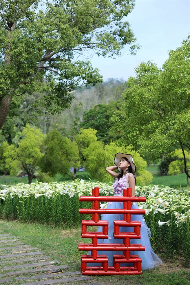 百合花搭配「囍」字裝置藝術，寓意百年好合，十分討喜。（金門縣林務所提供）