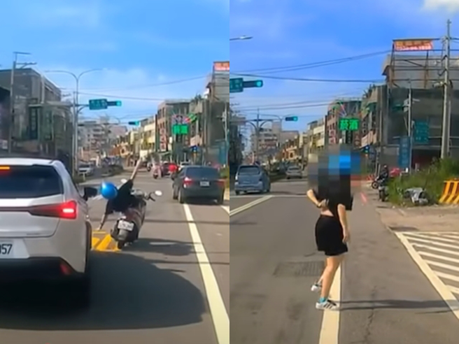 女騎士遇到前方1輛轎車從路邊準備切入車道，稍微左偏並放慢車速，遭後方轎車撞上，她摔下車後全身在路中翻滾好幾圈，最後自行爬起身走向機車。（翻攝自YouTube「WoWtchout - 地圖型行車影像分享平台」）