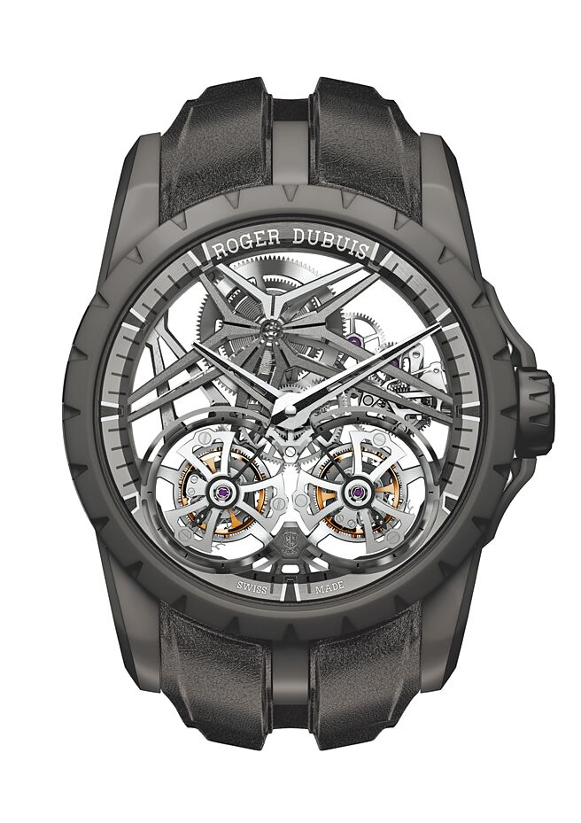 罗杰杜彼王者系列Excalibur Monobalancier黑色陶瓷双陀飞轮腕表，835万5000元。（Roger Dubuis提供）
