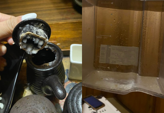 居酒屋酱油罐盖子上长满霉菌，水壶内长青苔，店家道歉了。（图／翻摄自爆怨公社）