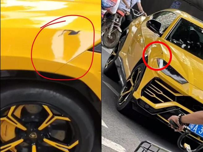 蓝宝坚尼前翼子板出现明显凹洞。(图/翻摄自微博)
