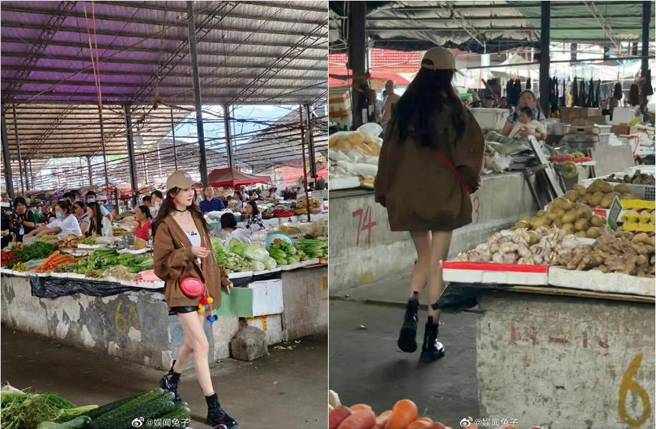 杨幂逛菜市场的穿搭相当有型。（图／取材自微博）