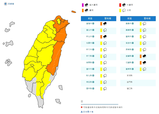 氣象局發布全台19縣市豪、大雨特報。（氣象局提供）