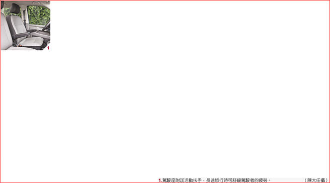 1.驾驶座附加活动扶手，长途旅行时可舒缓驾驶者的疲劳。（陈大任摄）