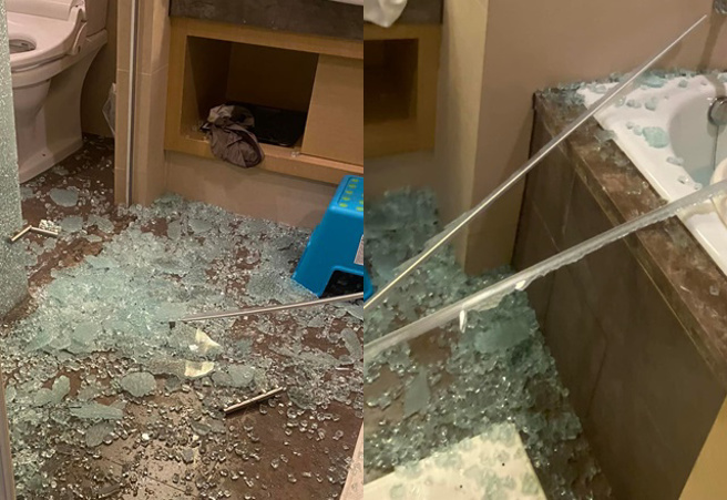 高雄某知名饭店浴室强化玻璃突爆破，碎片喷满地，他超傻眼。（图／翻摄自爆废公社）