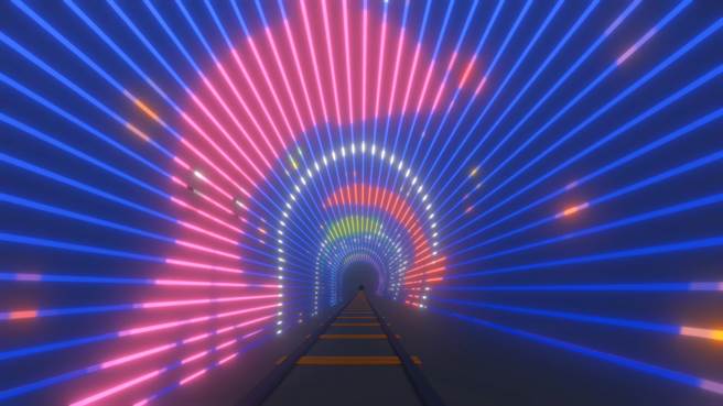 深澳鐵道自行車打造的全新光隧道目前正在施作，各種可愛的深澳海洋物種於18日跟大家見面，圖為光隧道模擬圖。（新北市觀旅局提供）