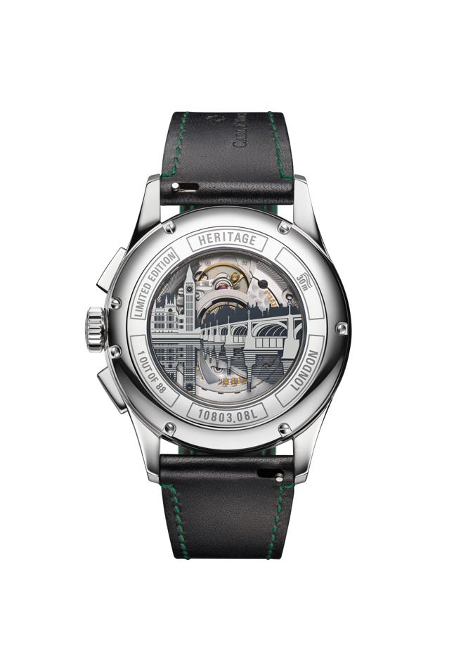 寶齊萊傳承系列年曆雙盤計時碼表倫敦城市限量表，表底有大笨鐘的剪影，23萬5000元。（Carl F. Bucherer提供）