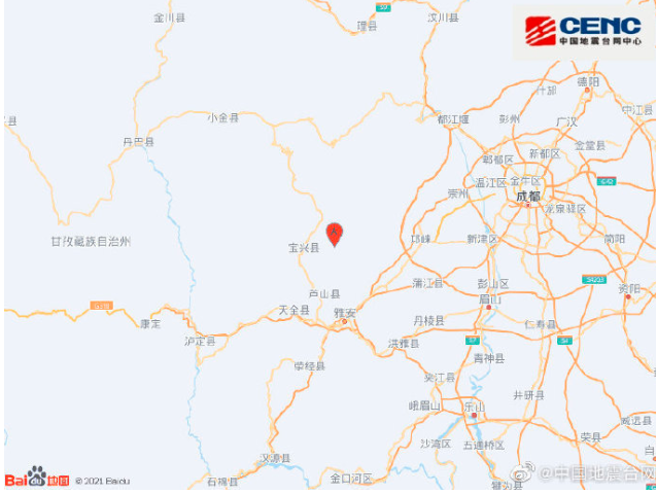 四川雅安蘆山縣發生6.1級地震。（取自中國地震台網）