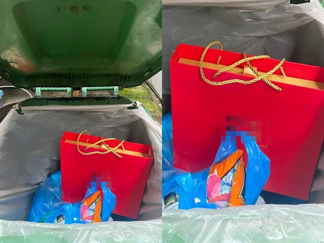 女网友拜访男友父母，因知道男友母亲喜欢零食，还带牛轧饼礼盒前往，没想到男友母亲因反对恋情，竟当场将礼盒丢进大型垃圾桶。（翻摄自脸书「爆废公社公开版」）