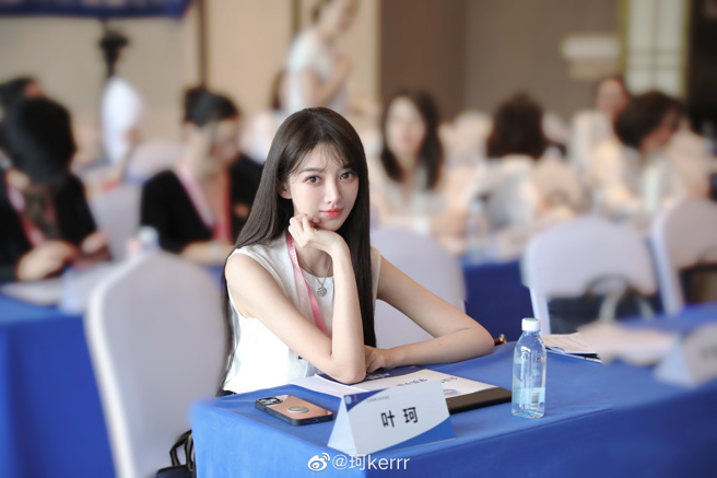 葉珂發文配上1張參加會議照片，眼睛凝視前方似乎有好多話想說。(圖/葉珂 微博)