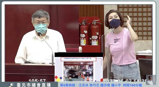 台北市議會下午進行市政總質詢，左為台北市長柯文哲，右為市議員汪志冰。（摘自柯文哲直播）