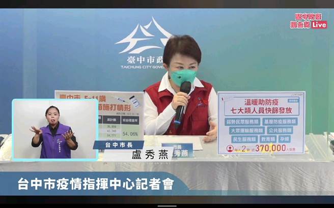 台中市長盧秀燕2日宣布「溫暖助防疫」進入第4階段，將針對高風險、接觸群眾多等的第一線人員，加發快篩試劑。（張妍溱翻攝）