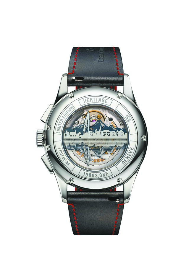 寶齊萊傳承系列年曆雙盤計時碼表日內瓦城市限量表，表底有日內瓦湖的噴泉剪影，23萬5000元。（Carl F. Bucherer提供）