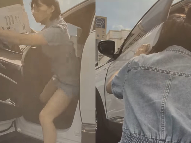 女驾驶开车门时撞到隔壁特斯拉，第一反应是「观察自己的车」，完全不管特斯拉，之后就离开现场，殊不知全部过程都被特斯拉的「哨兵模式」给录下。（翻摄自脸书「爆怨公社」）