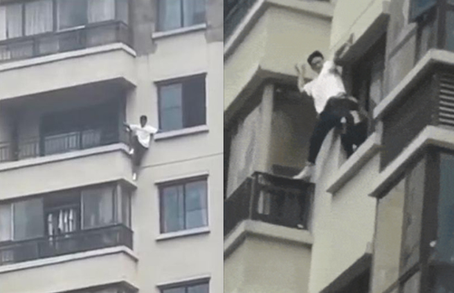 16岁少年徒手从37楼沿着外墙一路往下攀爬，吓坏不少路过民眾。（图／翻摄自微博）