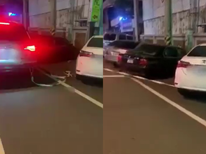1輛轎車因停車角度異常，擋住旁邊出入口，因此另1輛車用繩索綁住其車尾後拖住車身「拉正」。（翻攝自臉書「爆料公社」）