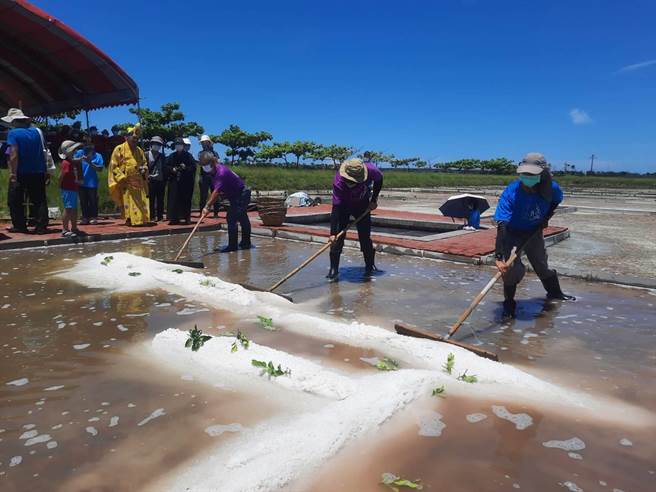 位于嘉义县布袋镇的洲南盐场今天举办收「午时盐」的活动。（洲南盐场提供／张亦惠嘉县传真）