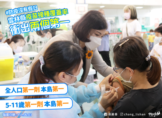 兩項疫苗覆蓋率全國最高 ，張麗善:與縣民一步一腳印抗疫。(翻攝自張麗善臉書)