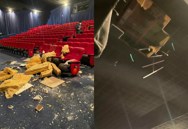 有民眾今（4）日早上到高雄大远百威秀影城观片时，天花板突然坍塌，观眾看得正精彩，还误以为是特效。（周忠信提供）