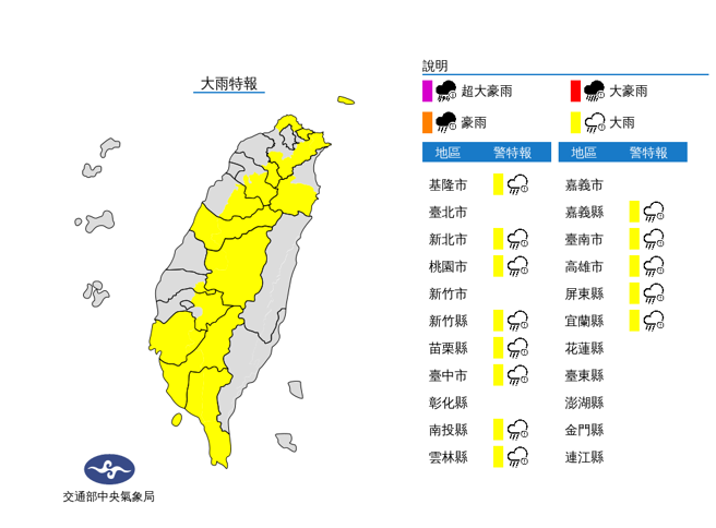 气象局针对13县市发布大雨特报。（图／翻摄自气象局）
