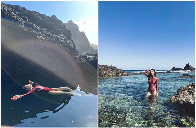 謝忻泳衣被浸濕成半透明狀，一對傲人北半球直接見客。(謝忻臉書)