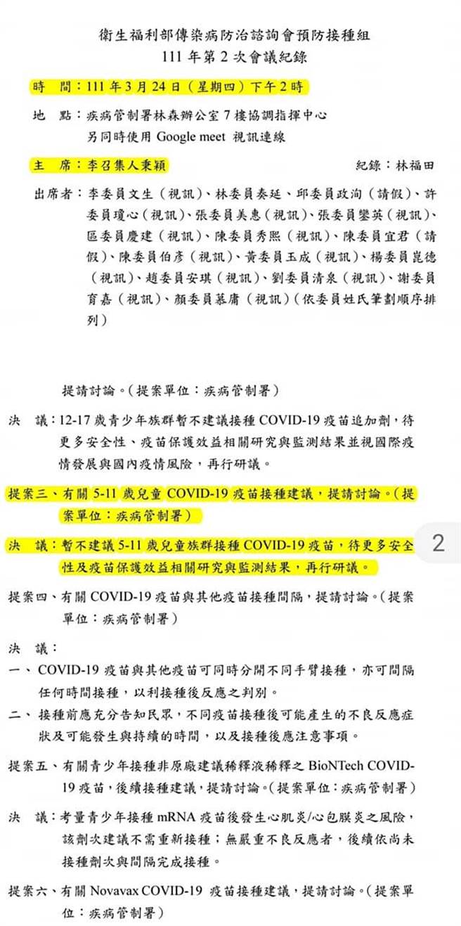 台北市议员游淑慧提出ACIP会议纪录，质疑3月24日不建议接种儿童疫苗，疫情将起、火烧屁股后，4月20日才逆转为「建议推动」。（摘自游淑慧脸书）