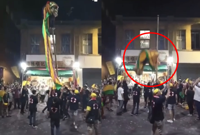 淡水祖师庙3日晚间进行端午遶境时，一名舞狮表演者失足，自10公尺高的竹竿摔下坠地。（翻摄自记者爆料网）