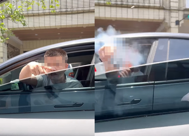 一名白衣特斯拉男因「父親過世」要趕回花蓮，在宜蘭與其他車友爆發充電糾紛，最後疑似拿BB槍狂射對方車內。（翻攝自爆廢公社）