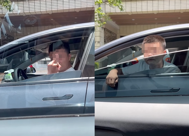 一名白衣特斯拉男因「父親過世」要趕回花蓮，在宜蘭與其他車友爆發充電糾紛，還比出「中指」要求下車理論。（翻攝自爆廢公社）
